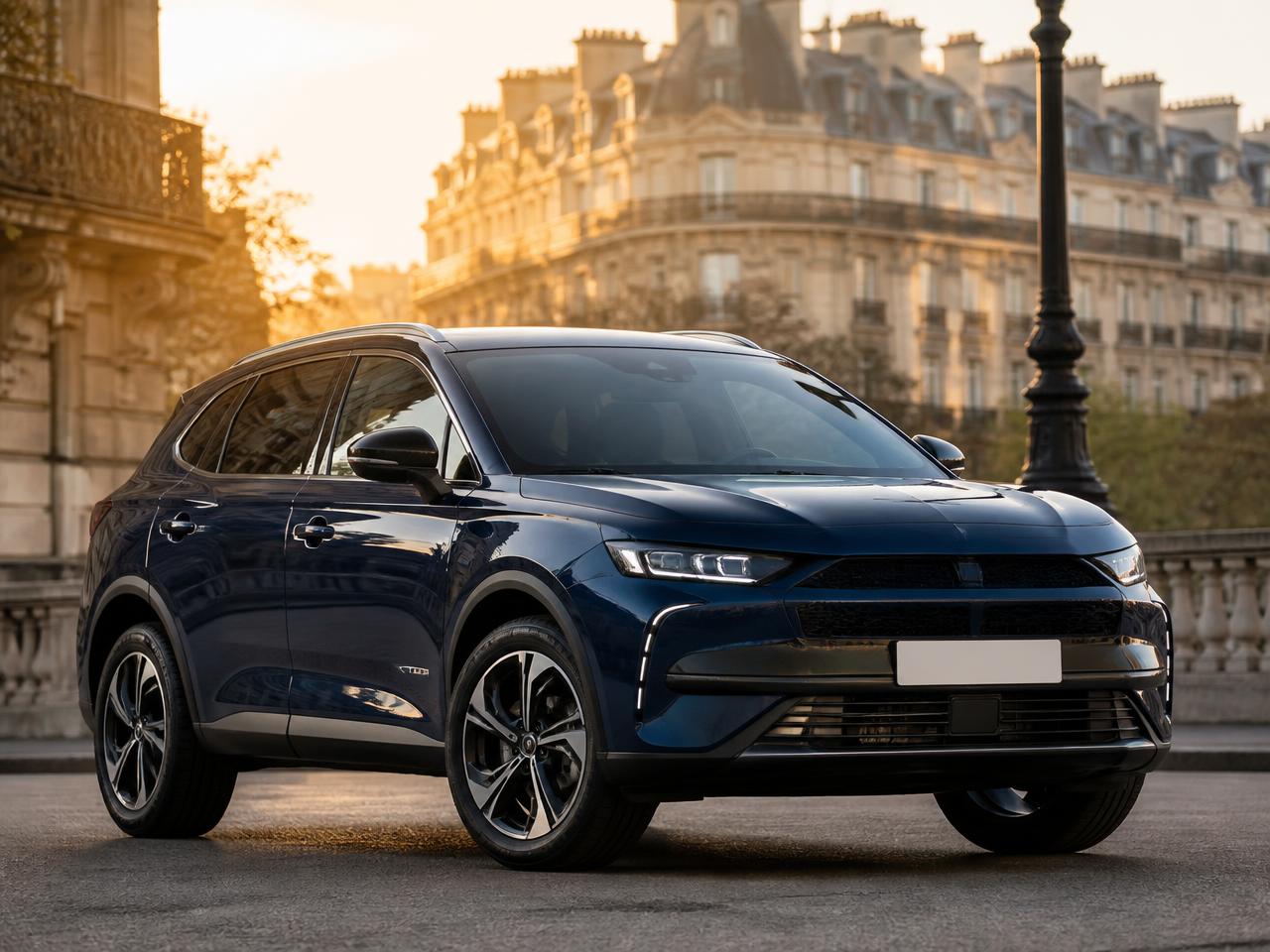Véhicule premium du programme, vue trois-quarts avant dans une rue parisienne
