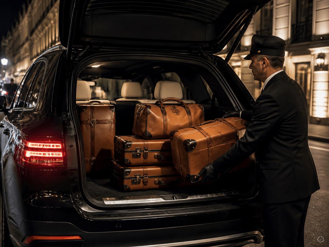 Coffre du véhicule chargé de bagages par un chauffeur