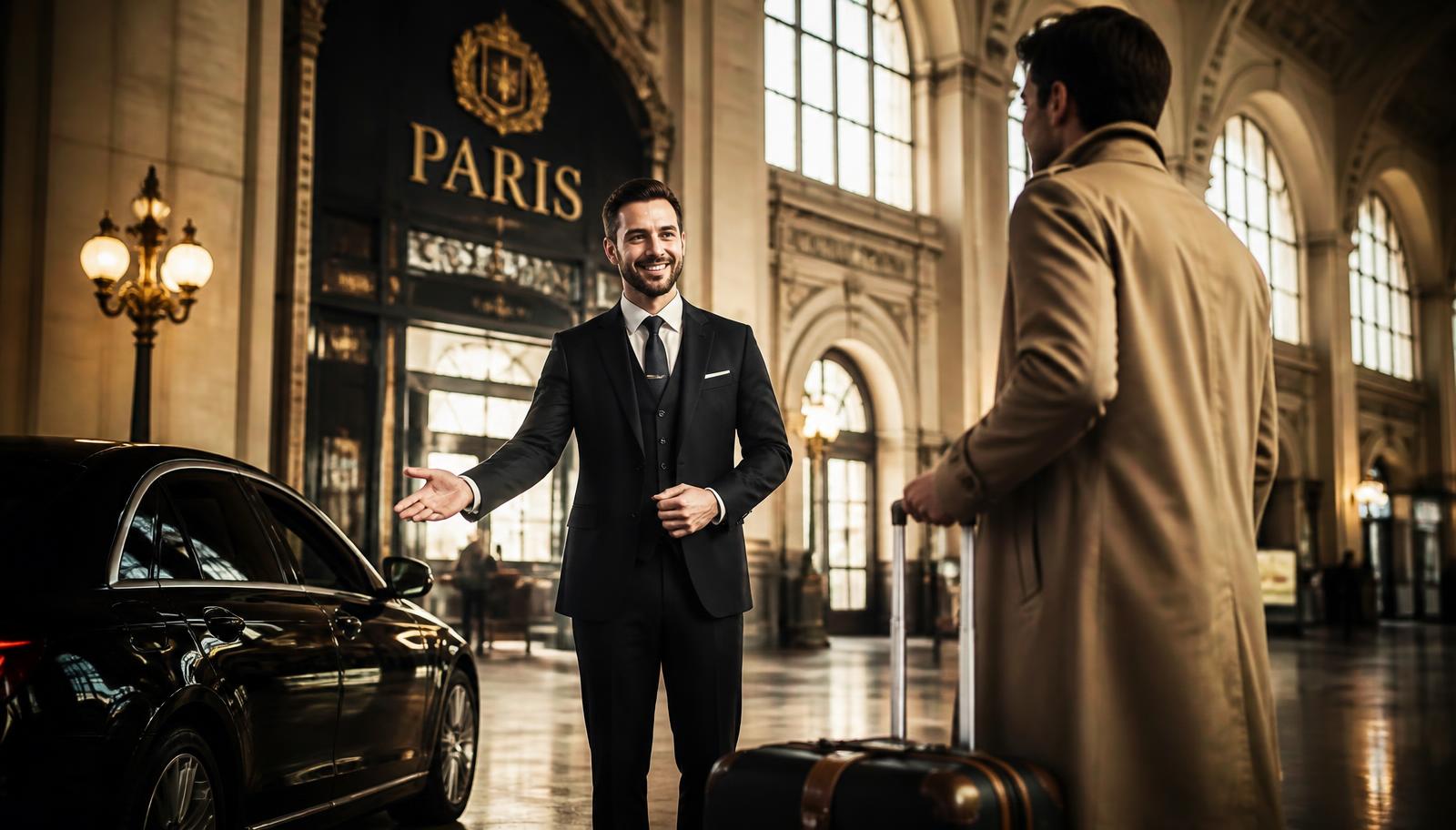 Chauffeur accueillant un voyageur avec ses bagages dans un hall de gare parisienne